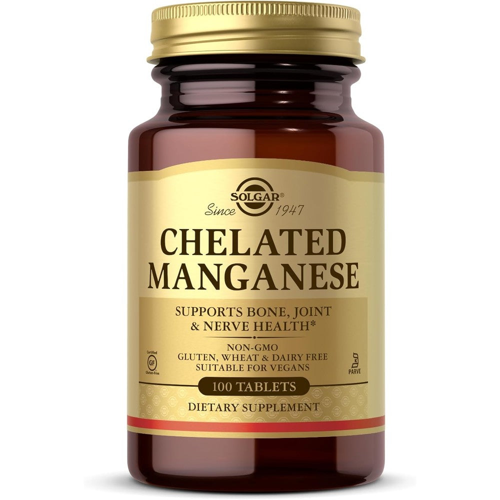 Solgar Chelated Manganese 100 Tablets front view bottle packaging