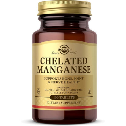 Solgar Chelated Manganese 100 Tablets front view bottle packaging