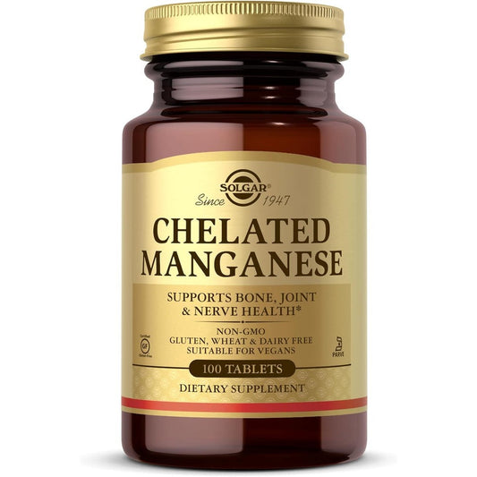 Solgar Chelated Manganese 100 Tablets front view bottle packaging
