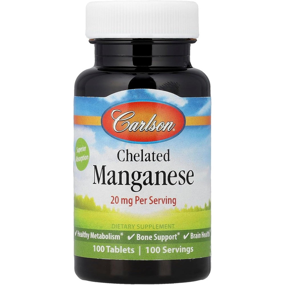 Carlson Labs Chelated Manganese 20mg 100 Tablets front view for bone health