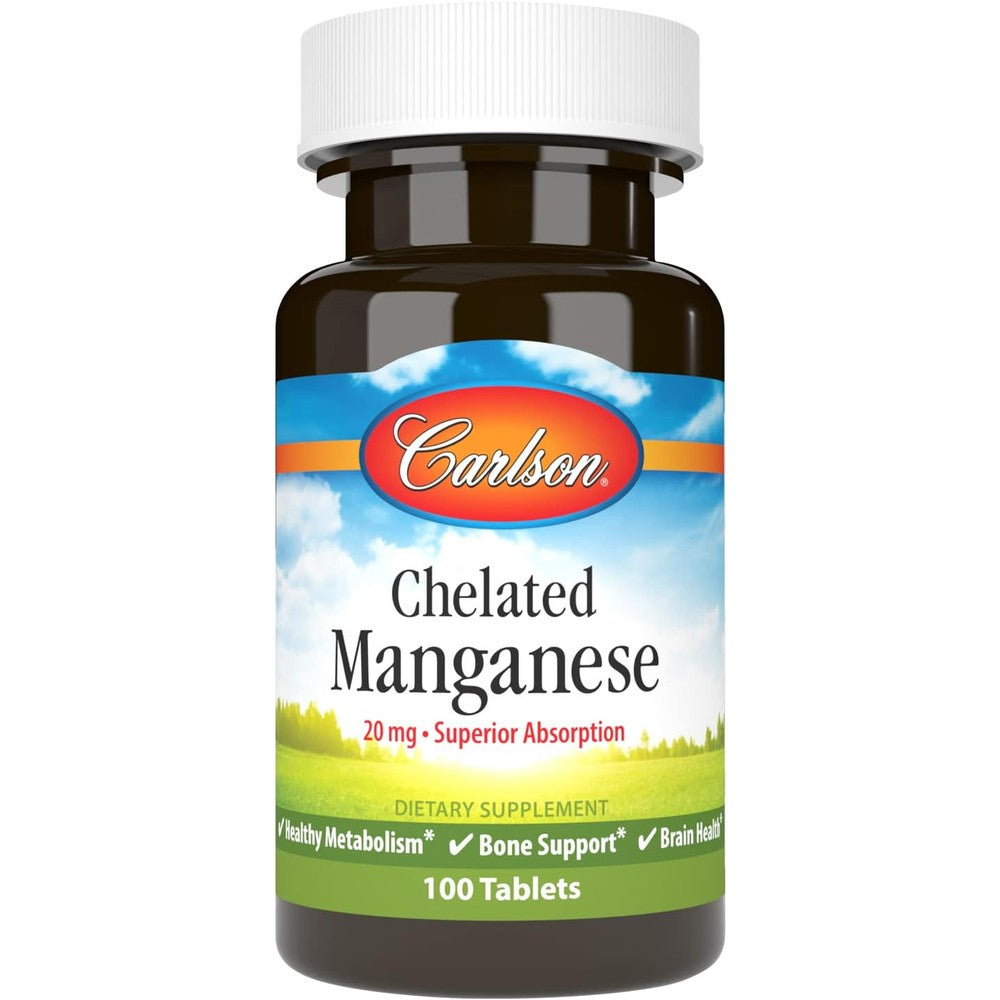 Carlson Chelated Manganese 20 Mg 100 Tablets front view bottle