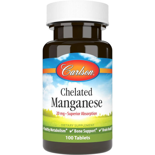 Carlson Chelated Manganese 20 Mg 100 Tablets front view bottle