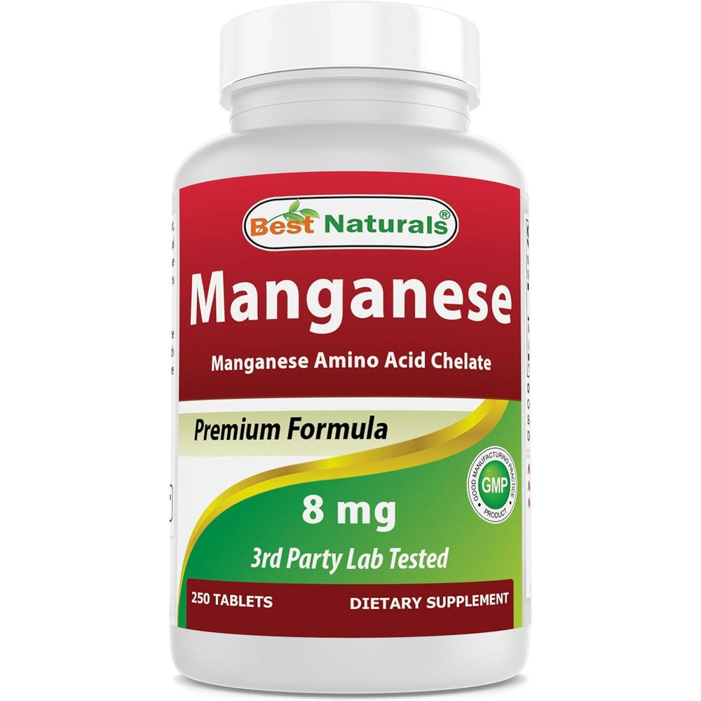 Best Naturals Manganese Amino Acid Chelate 8 mg 250 Tablets front packaging