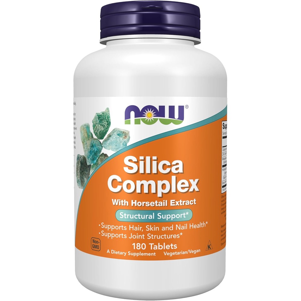 Now Foods Silica Complex 180 Tablets front view bottle for hair skin and nail health