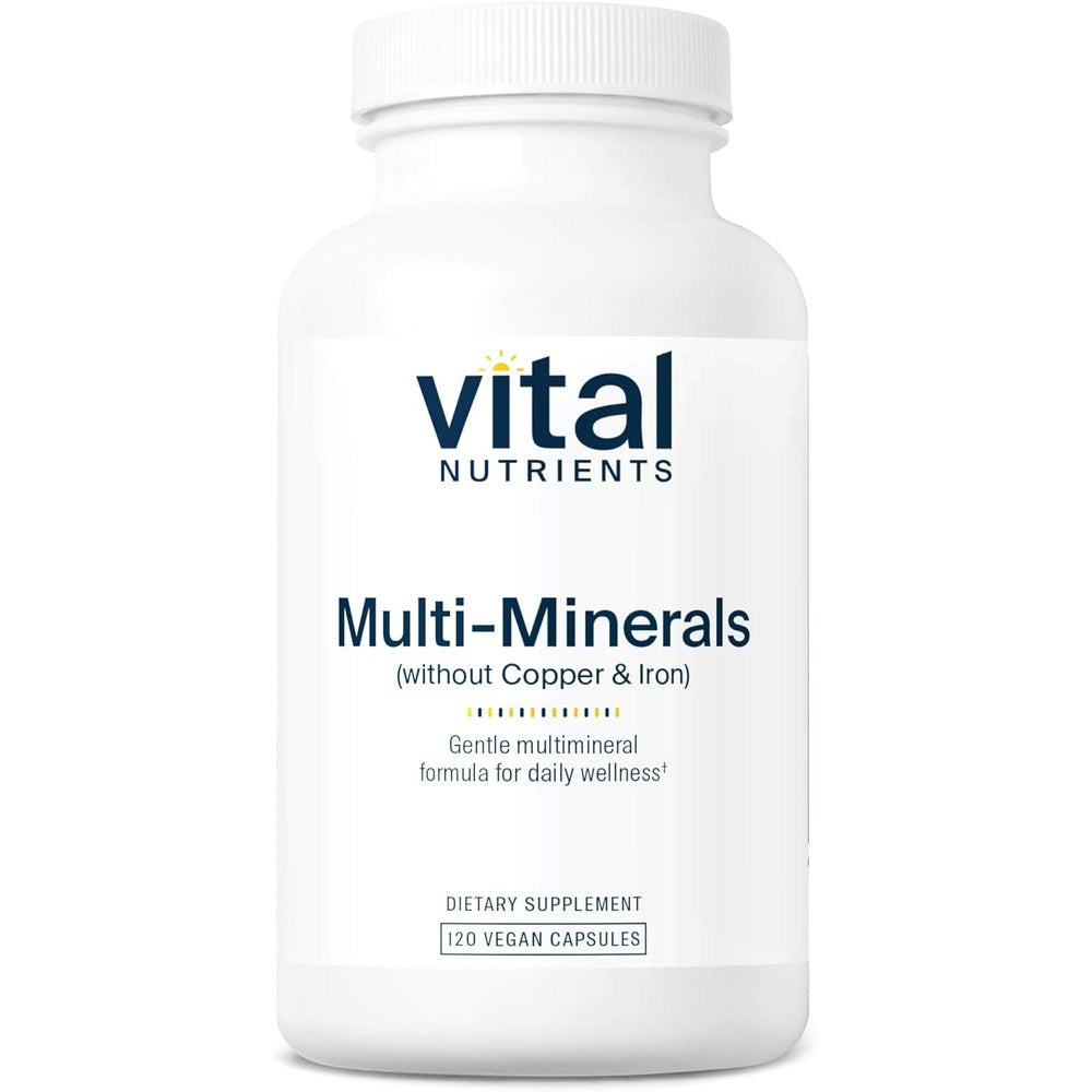 Vital Nutrients Multi Minerals Citrate Malate 120 Capsules front view showcasing vegan premium supplement packaging.