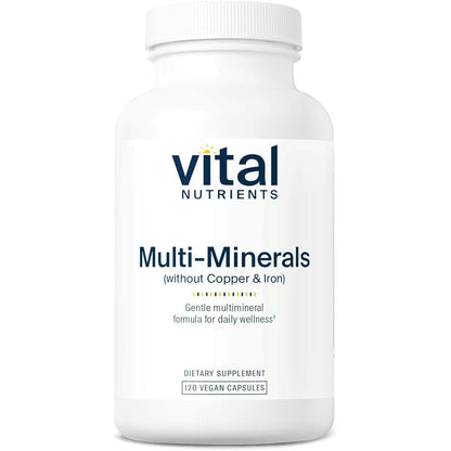 Vital Nutrients Multi Minerals Citrate Malate 120 Capsules front view showcasing vegan premium supplement packaging.