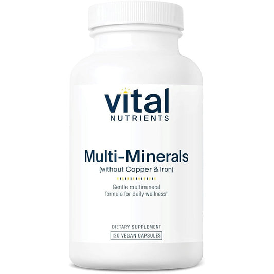 Vital Nutrients Multi Minerals Citrate Malate 120 Capsules front view showcasing vegan premium supplement packaging.