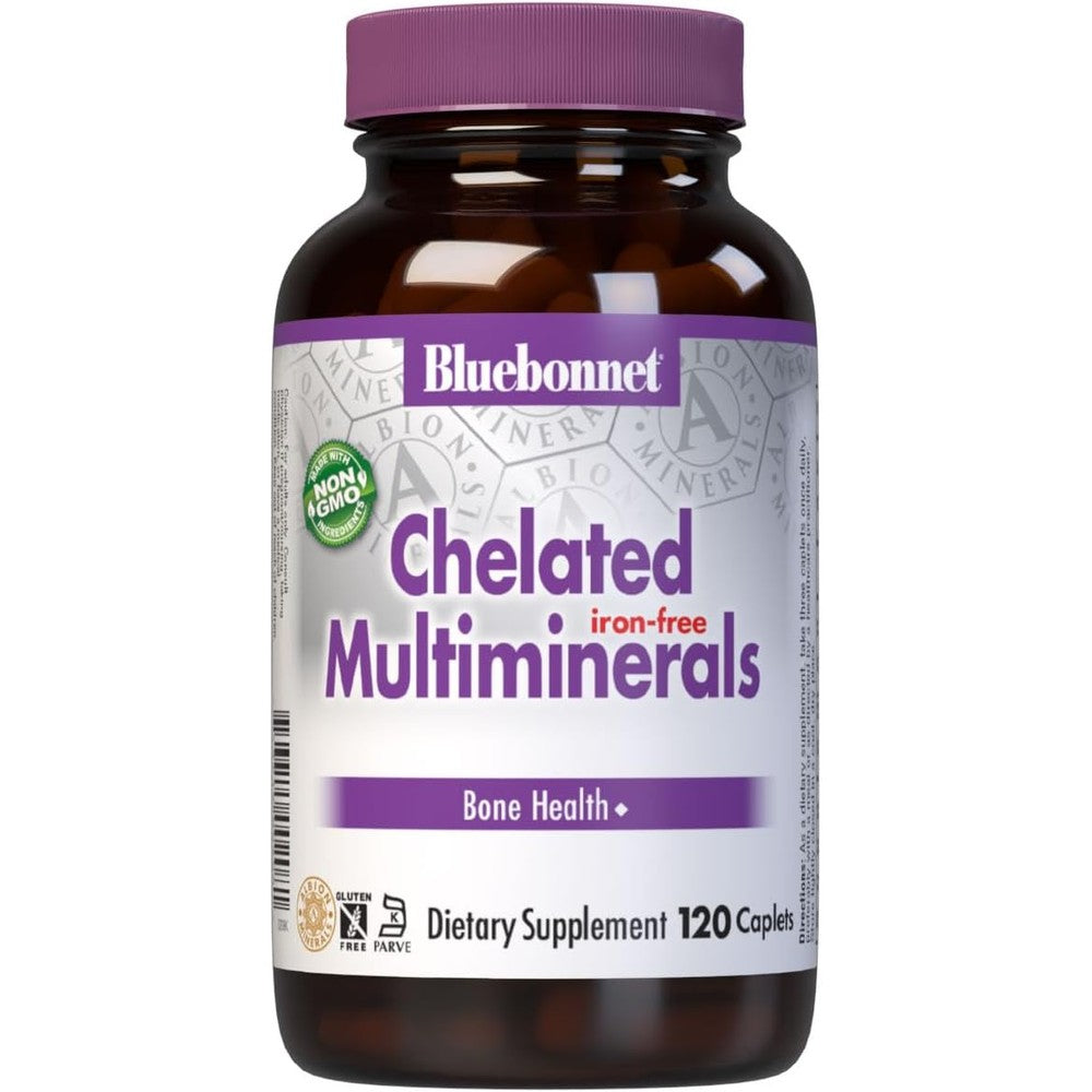 Bluebonnet Nutrition High Potency Chelated Multiminerals Iron Free 120 caplets front view bottle