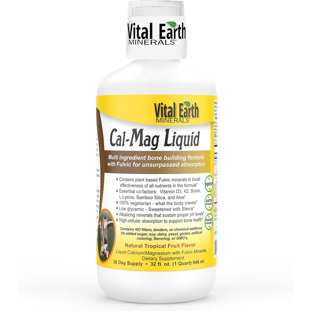 Vital Earth Minerals Cal-Mag Liquid 32 Fluid Ounce front view bottle showing premium bone health supplement package.