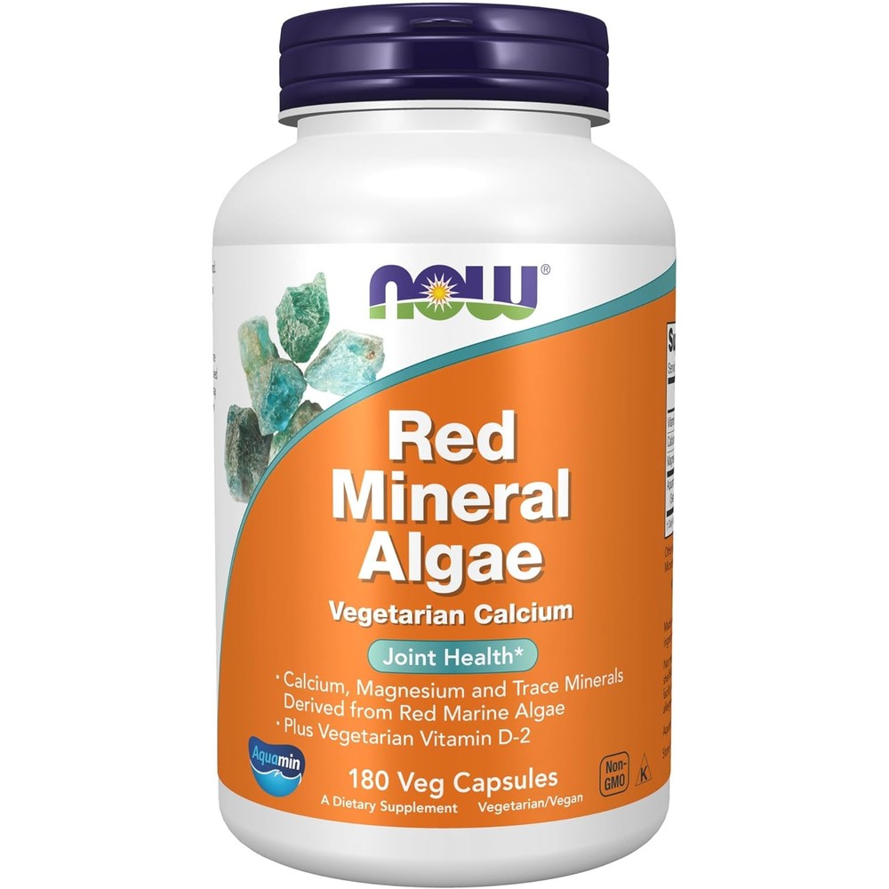 NOW Foods Red Mineral Algae 180 Vegetarian Capsules front bottle view for joint health