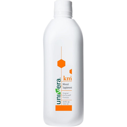 Univera Km Liquid Potassium Supplement 32 fluid ounce bottle front view representing authentic digestive wellness formula.