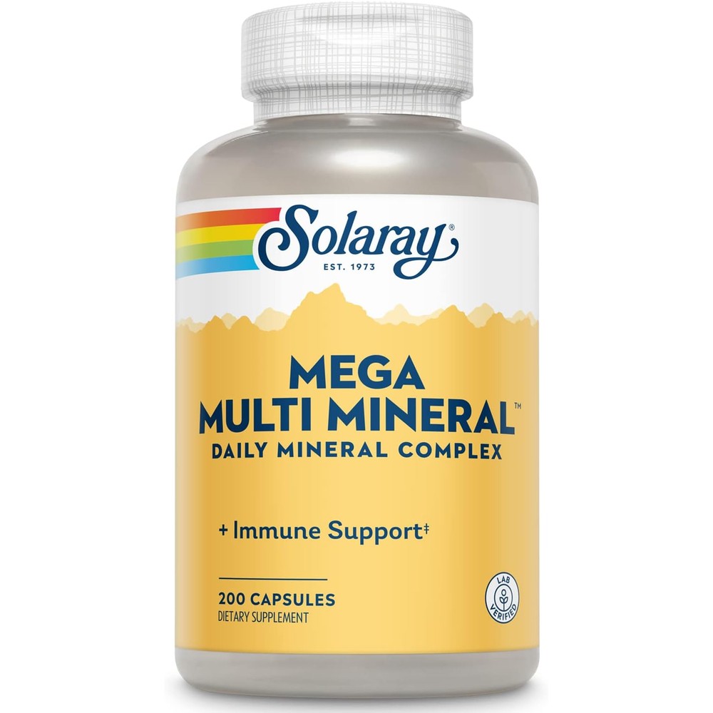 Solaray Mega Multi Mineral 200 Capsules bottle front view showing chelated calcium magnesium zinc daily supplement.