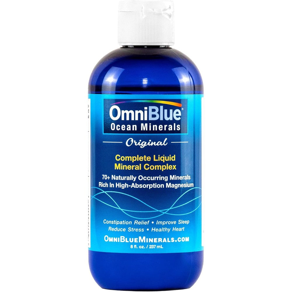 OmniBlue Ocean Minerals front view bottle showing liquid mineral supplement labels.