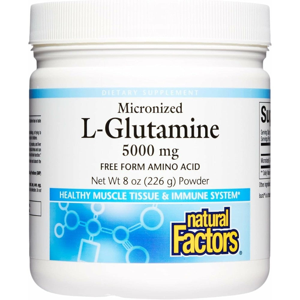 Natural Factors Micronized L Glutamine eight ounce container front view showing five thousand milligram dosage label