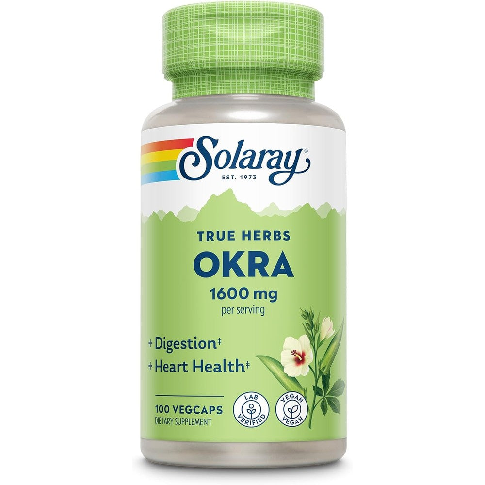 Solaray Okra Fruit 1600mg 100 vegan capsules bottle front view showing clean label details.