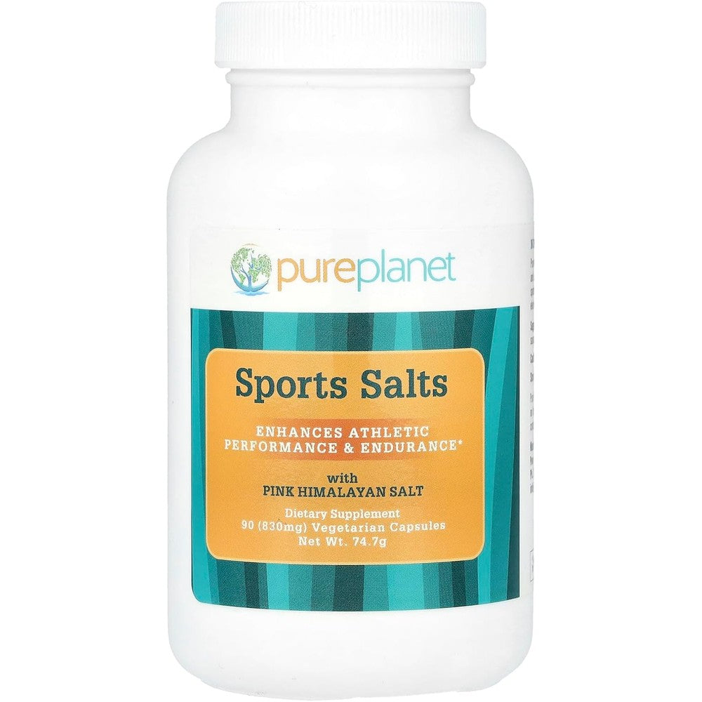 Pure Planet Sports Salts 90 vegetarian capsules bottle front view showing electrolyte supplement facts.