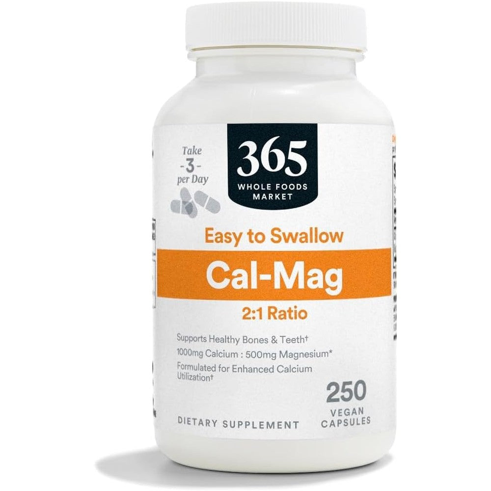 Whole Foods Market Cal-Mag 250 vegan capsules front bottle view for bone health support