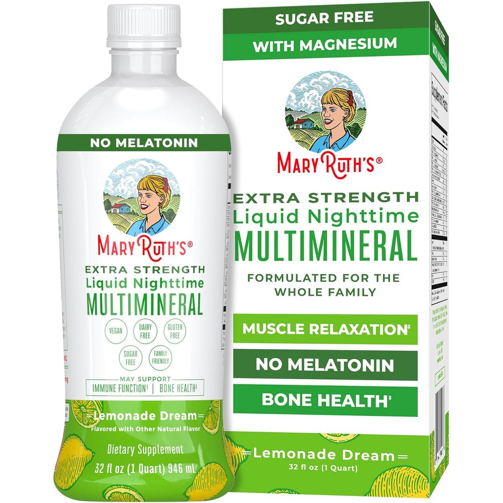 MaryRuth Organics Extra Strength Nighttime Liquid Multimineral bottle front view for premium sleep supplements.