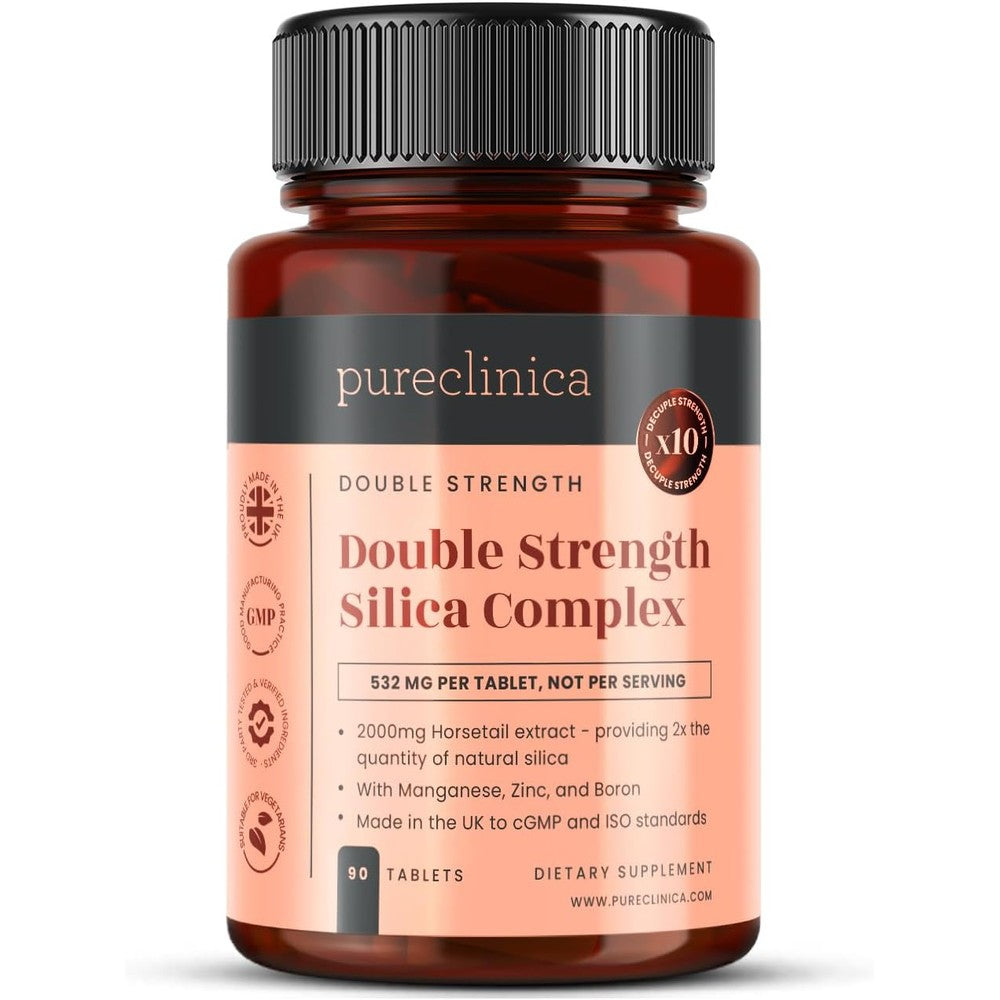 Pureclinica Double Strength Silica Complex 90 tablets front bottle view for hair skin and nails