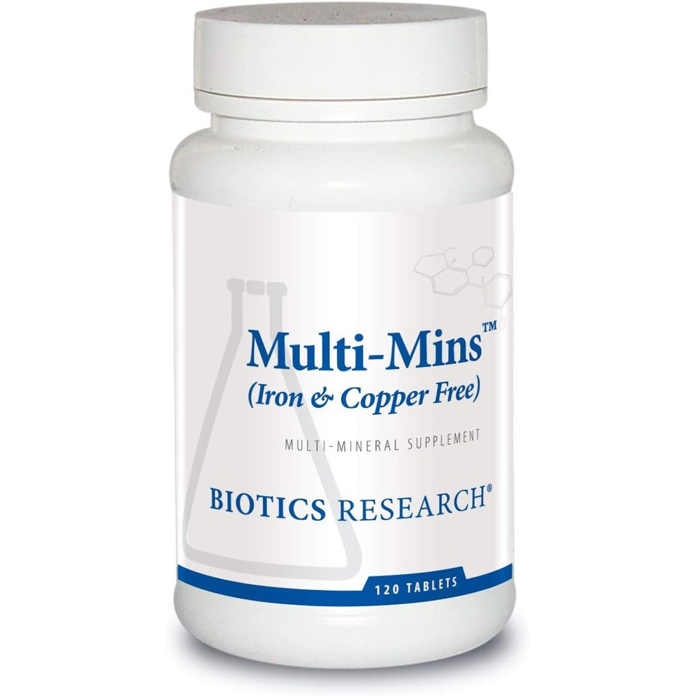 Biotics Research Multi Mins Iron and Copper Free 120 Tablets front bottle view premium mineral supplement