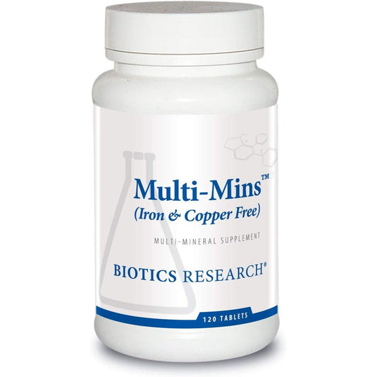 Biotics Research Multi Mins Iron and Copper Free 120 Tablets front bottle view premium mineral supplement