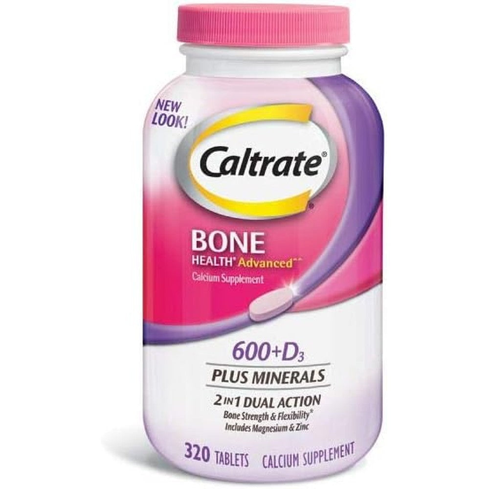 Caltrate Bone Health Advanced 600 Plus Vitamin D3 Plus Minerals 320 Tablets front view bottle for bone strength support