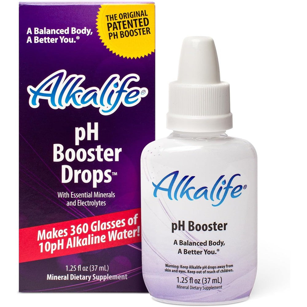 Alkalife Alkaline Water Drops pH Booster front view of the 1.25 fluid ounce bottle packaging