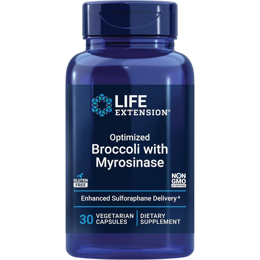 Life Extension Optimized Broccoli and Myrosinase 30 vegetarian capsules front bottle view for liver detox