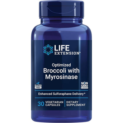 Life Extension Optimized Broccoli and Myrosinase 30 vegetarian capsules front bottle view for liver detox