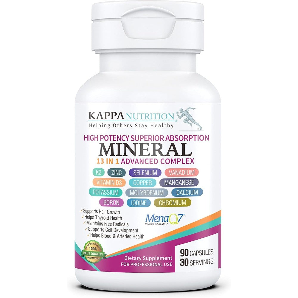 Kappa Nutrition Mineral 13 in 1 Advanced Complex front view showing 90 dietary capsules for bone density.
