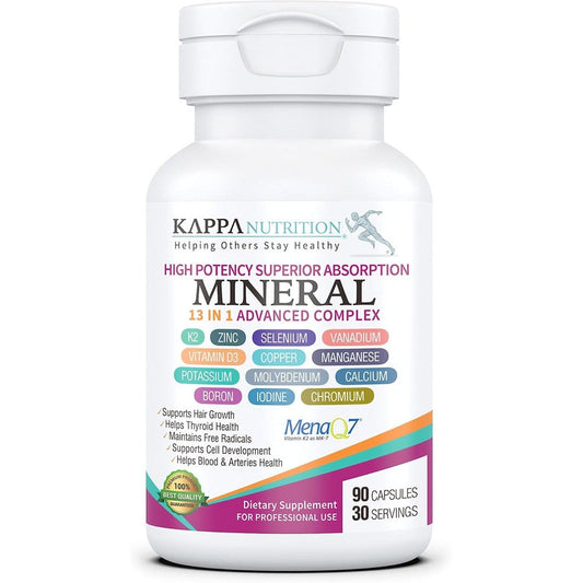 Kappa Nutrition Mineral 13 in 1 Advanced Complex front view showing 90 dietary capsules for bone density.