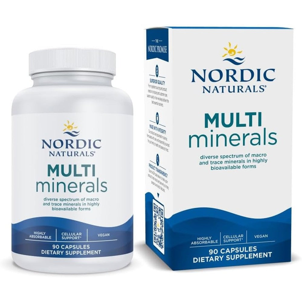 Nordic Naturals Multi Minerals ninety capsules front bottle packaging view showcasing pure essential mineral supplement