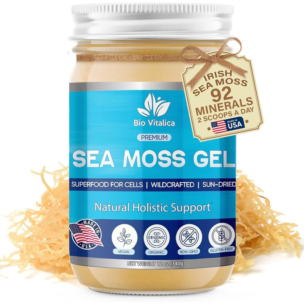 BioVitalica Organic Irish Sea Moss Gel front view of twelve ounce jar showcasing organic vegan certifications.