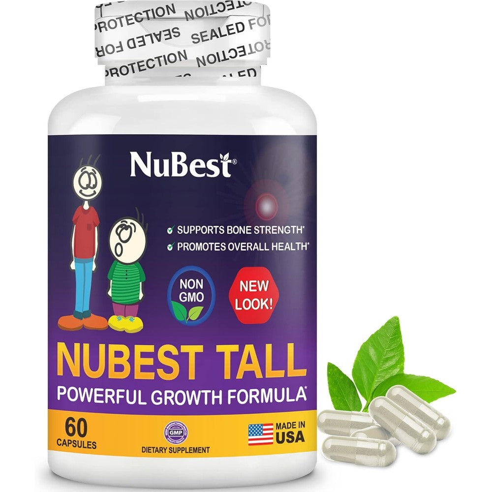 NuBest Tall Calcium and Collagen supplement bottle front view for kids bone strength.