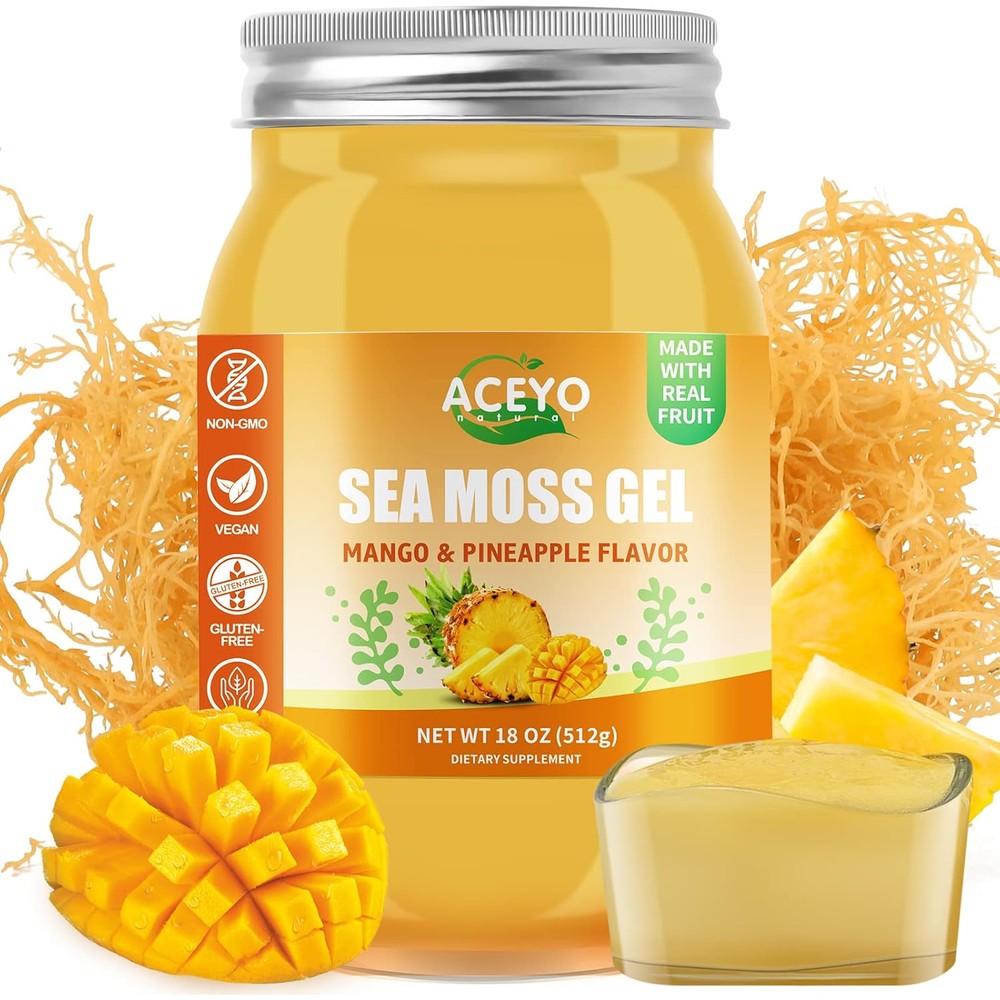 ACEYO Irish Sea Moss Gel front view packaging of mango and pineapple flavor superfood supplement
