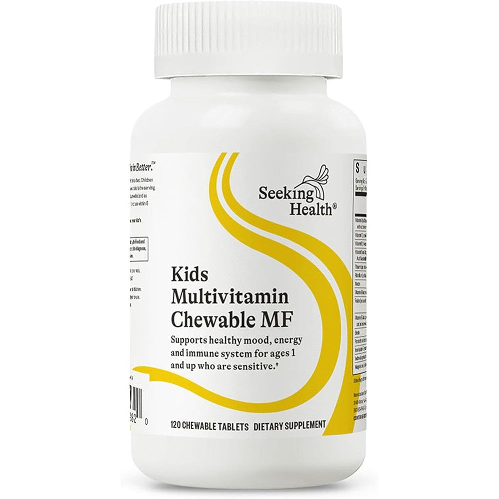 Seeking Health Kids Multivitamin Chewable MF 120 Tablets bottle front view showing product name and key ingredients.