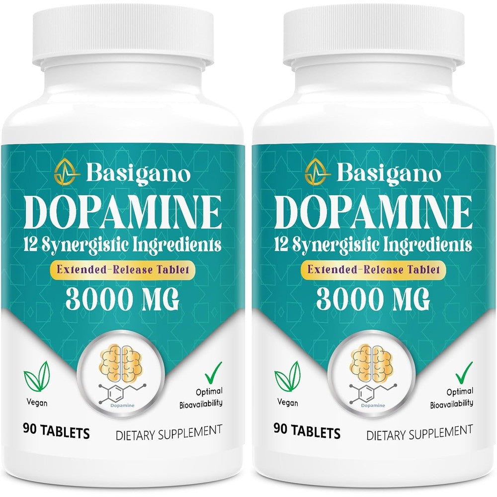 Basigano Natural Dopamine Supplement front view of pack of 2 bottles for cognitive enhancement