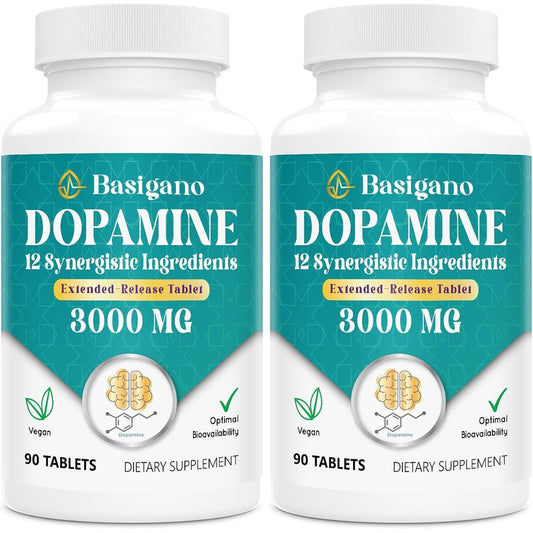 Basigano Natural Dopamine Supplement front view of pack of 2 bottles for cognitive enhancement