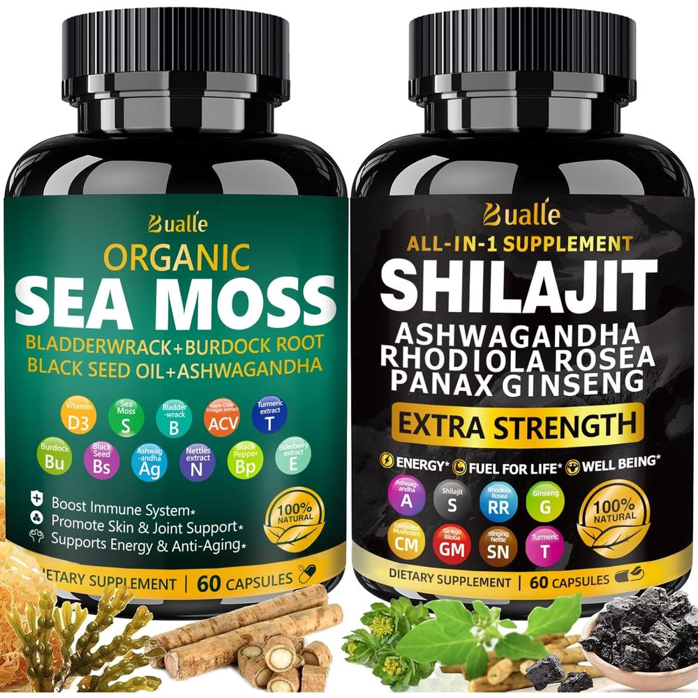 Bualle Sea Moss and Shilajit All In 1 Multimineral Capsules front view bottles for daily wellness.
