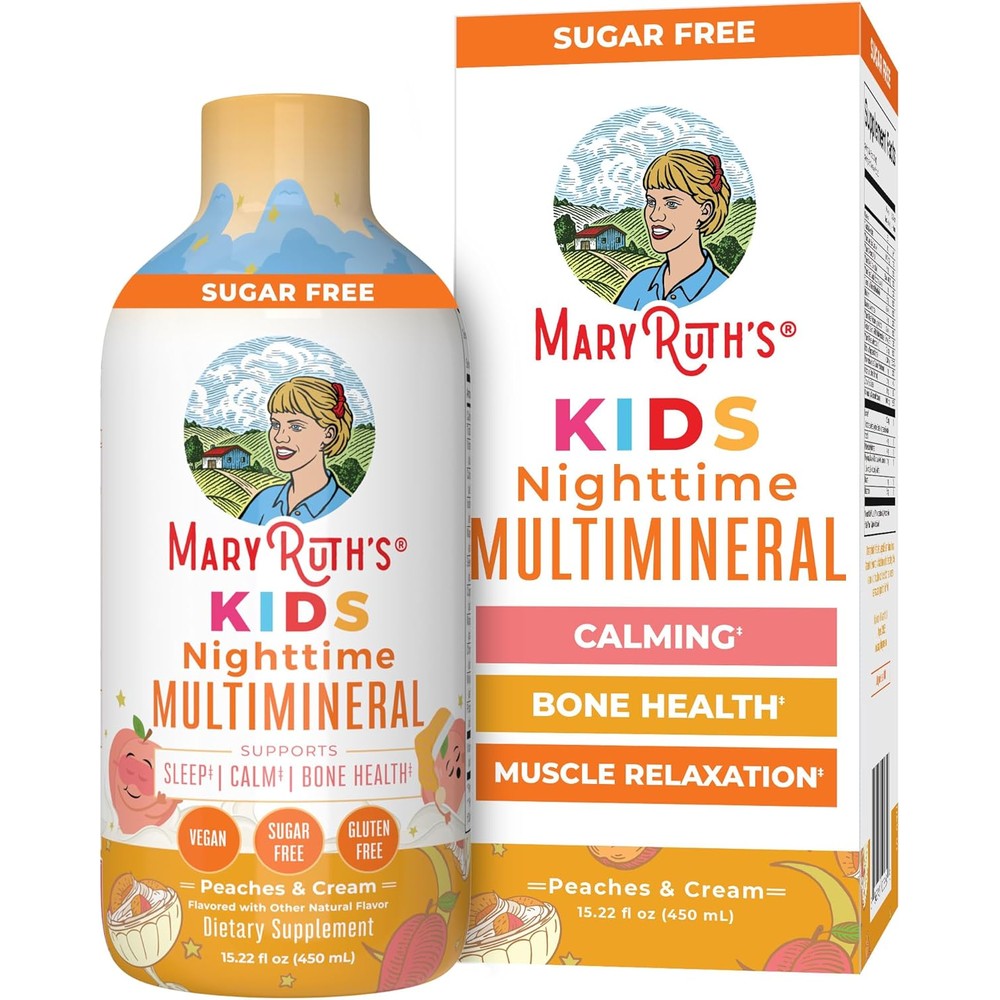 MaryRuth's Kids Liquid Nighttime Multimineral front view bottle and packaging box