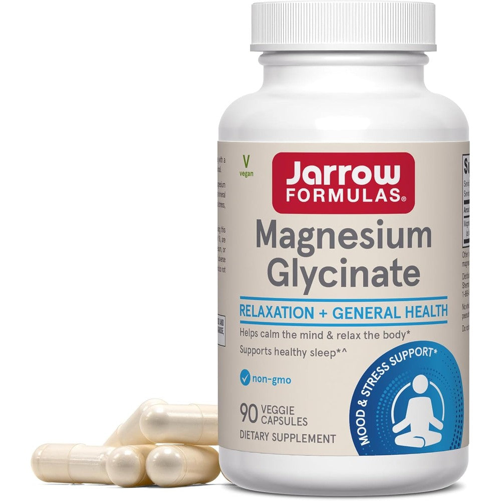 Jarrow Formulas Magnesium Glycinate 90 capsules front view showing sleep and relaxation benefits