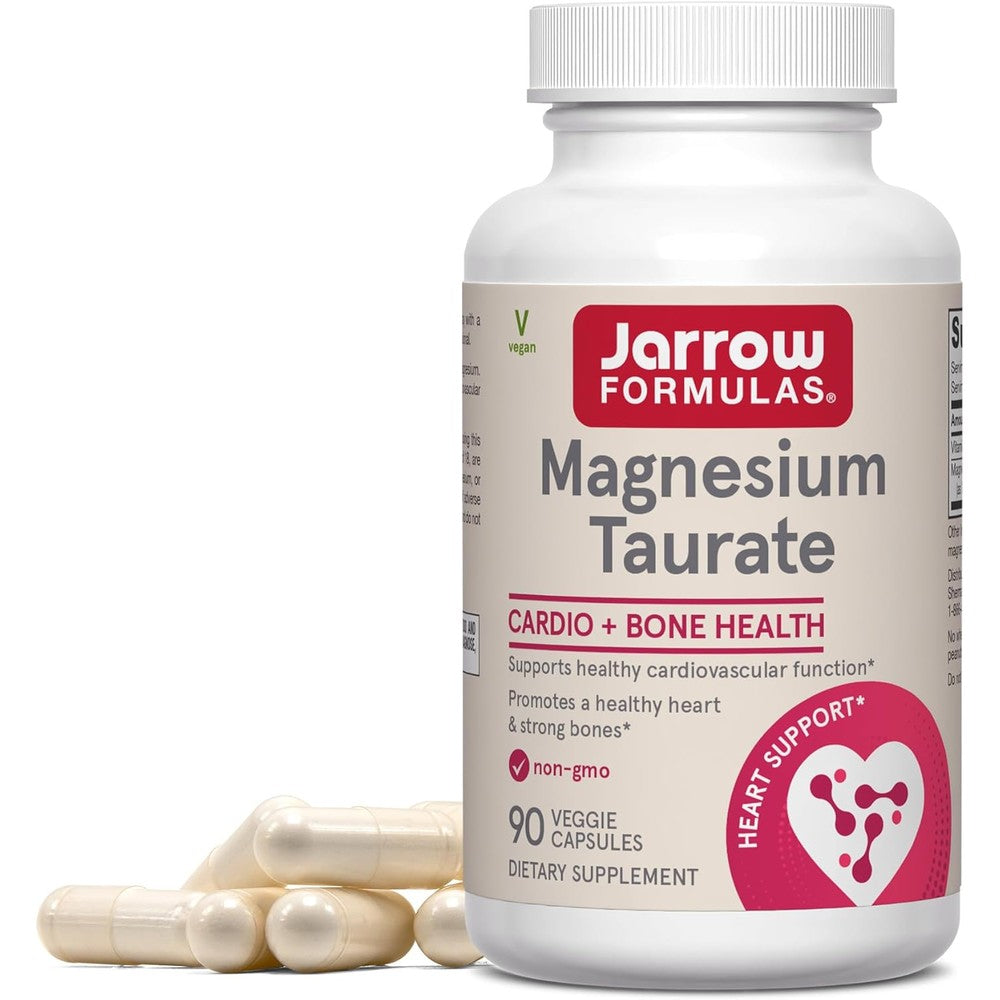 Jarrow Formulas Magnesium Taurate 300mg 90 veggie capsules front bottle view for heart health support.