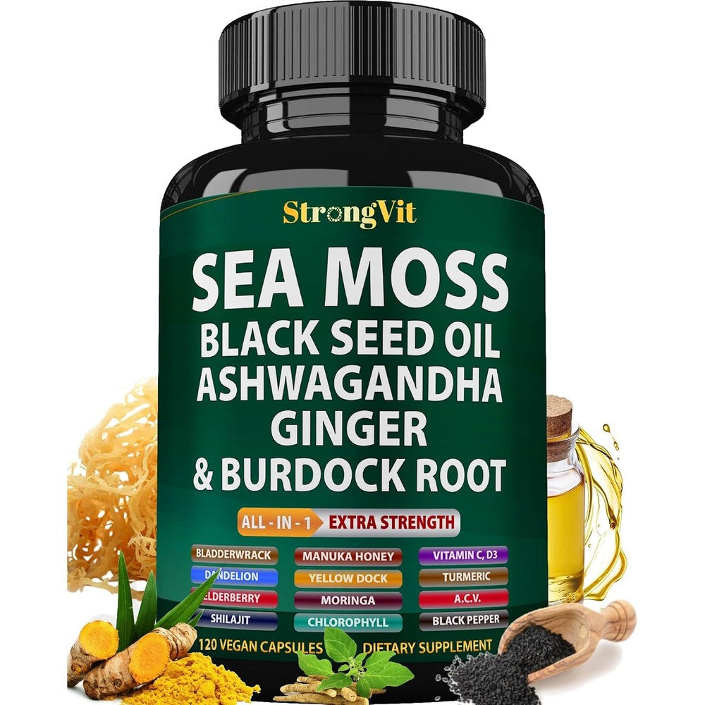 Gujisa StrongVit Sea Moss and Ashwagandha Multimineral 120 Capsules bottle front view showing green label.