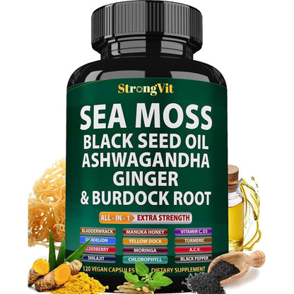 Gujisa StrongVit Sea Moss and Ashwagandha Multimineral 120 Capsules bottle front view showing green label.