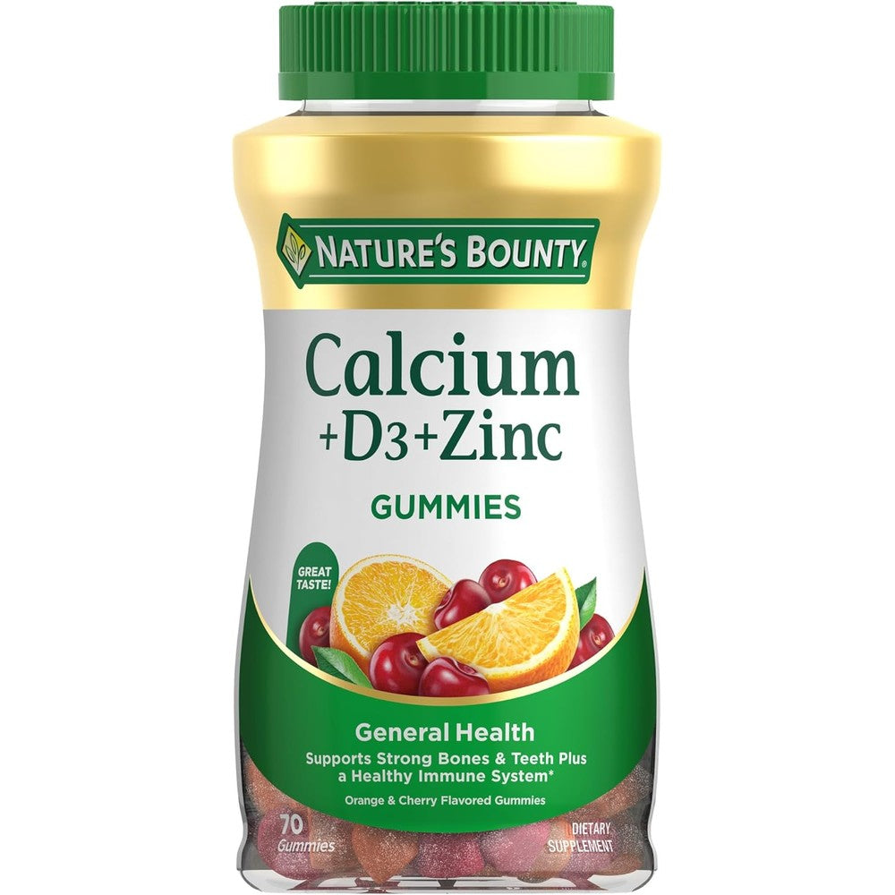 Nature's Bounty Calcium Vitamin D3 and Zinc Gummies 70 Count front bottle view for bone health support