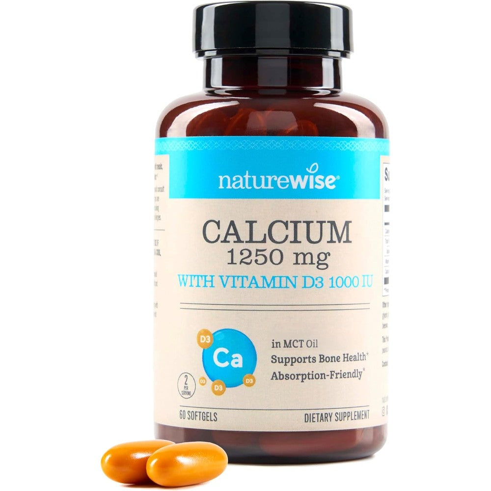 NatureWise Calcium 1250mg and Vitamin D3 60 softgels front bottle view showing authentic imported wellness packaging