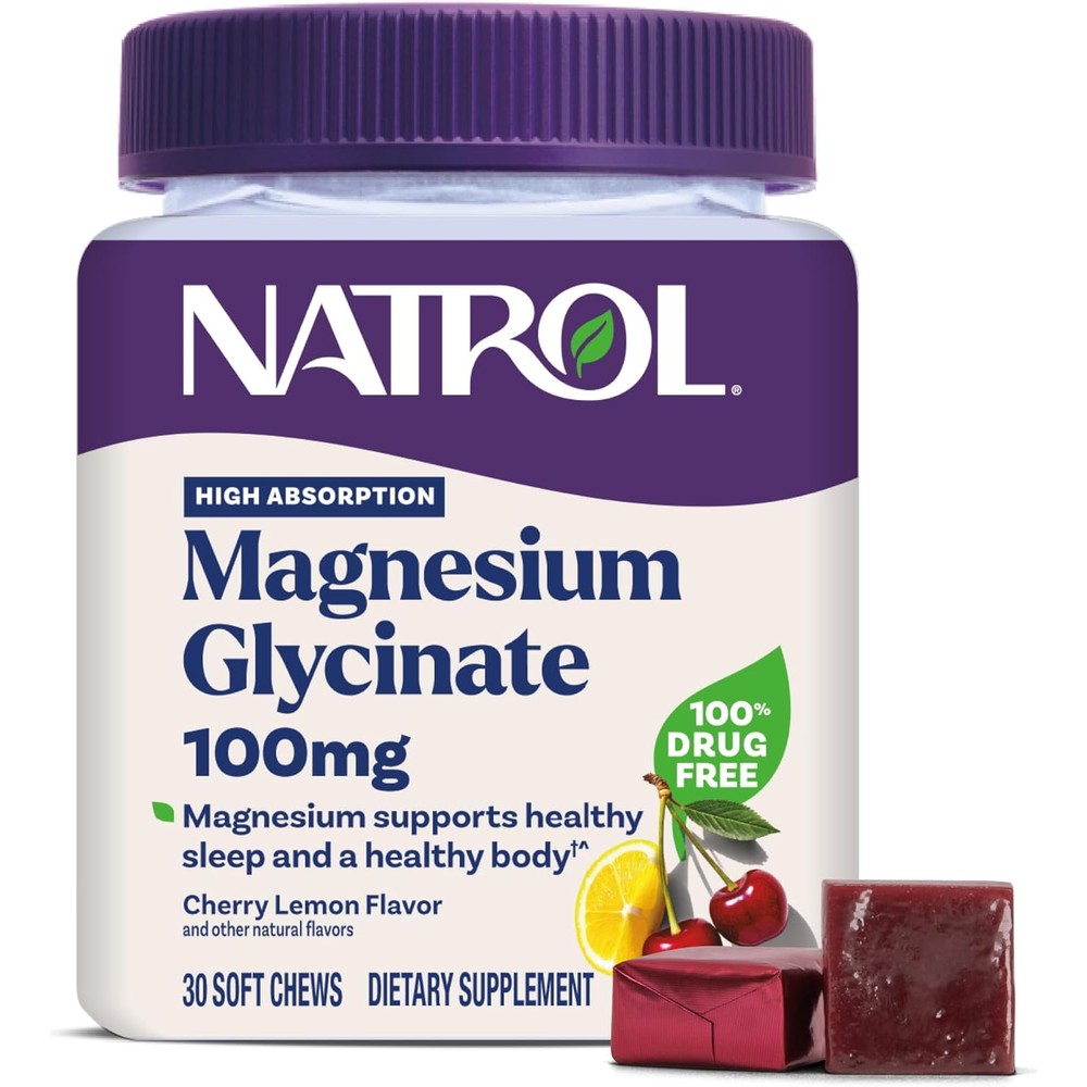 Natrol Magnesium Glycinate 100mg Cherry Lemon Soft Chews bottle front view