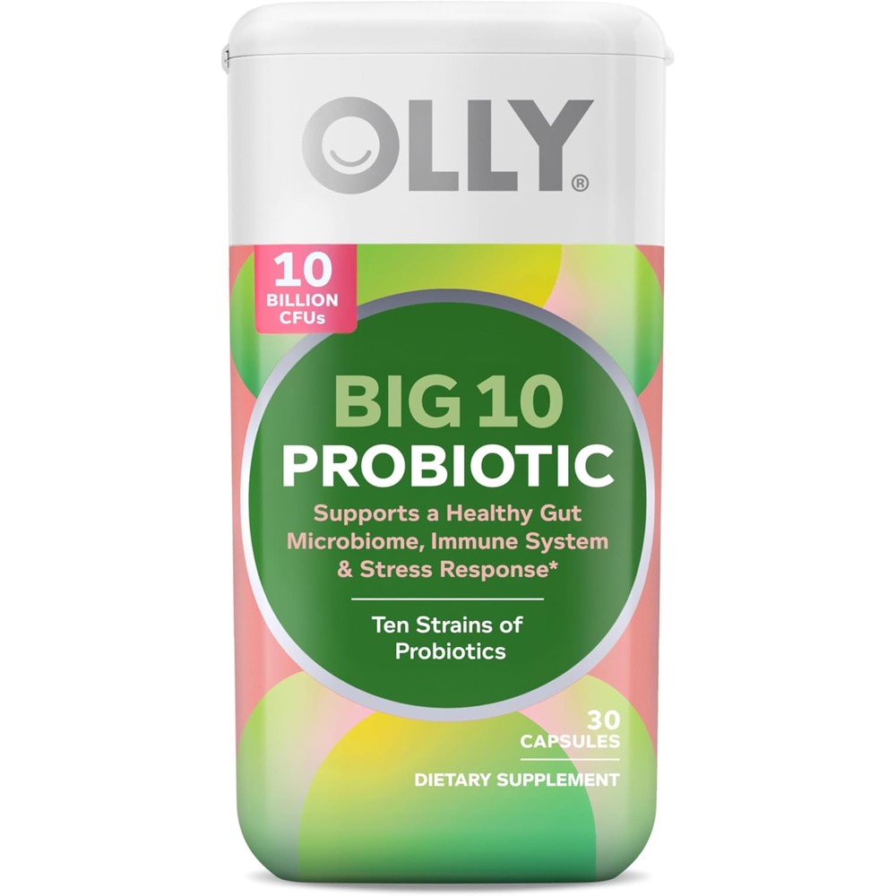OLLY Big 10 Probiotic front view of 30 capsules bottle for daily gut health supplement