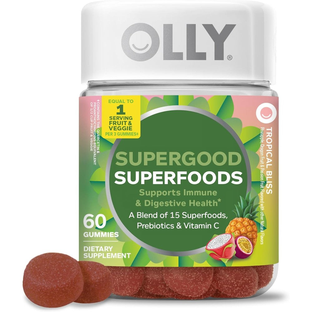 Olly Supergood Superfoods Gummies 60 Capsules front view showing product packaging.