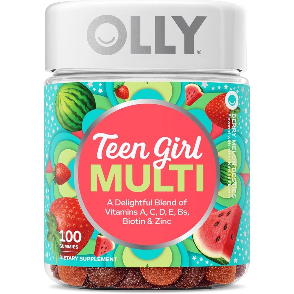 OLLY Teen Girl Multi Gummies 100 count front view bottle showing berry melon flavor packaging.